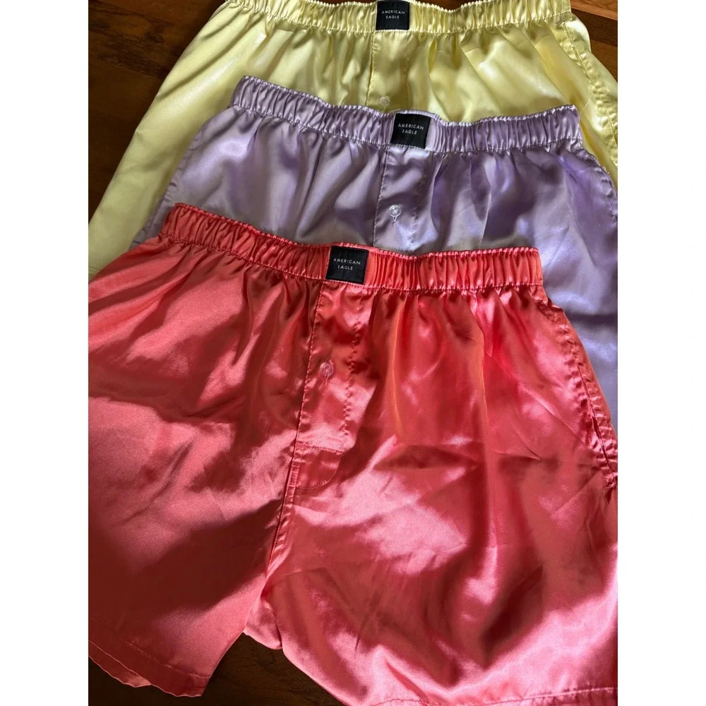 4 Pack American Eagle Satin Boxer Shorts Large Yellow Lavender Coral Tie Dye